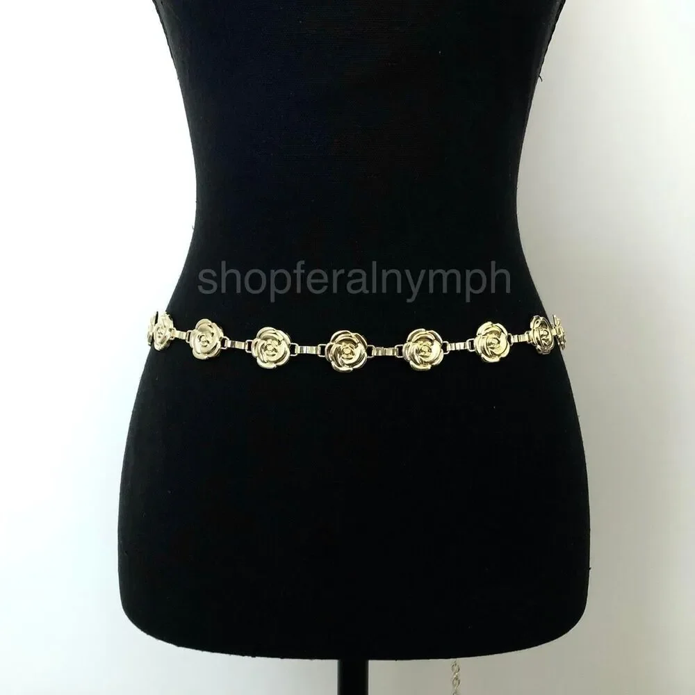 Vintage Y2K Coquette Gold Rose Chain Belt, Fits 25–44 Inches, X7GA1200
